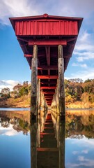 Low angle perspective of a red wooden structure over calm waters