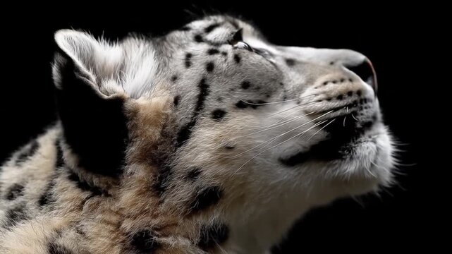 Snow leopard portrait on black background wildlife close up
