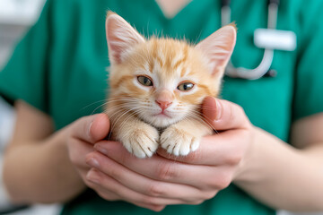 Ginger kitten in a veterinarian's hands. The kitten looks calmly at the camera. The vet is wearing a green uniform with a stethoscope around their neck.