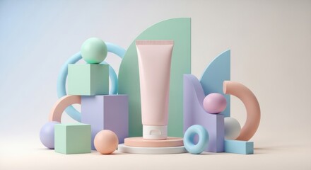 Pink cosmetic tube surrounded by pastel geometric shapes and spheres abstract