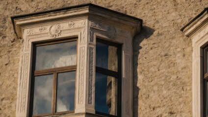 Fototapeta premium Ornate Bay Window Detail on a Historic Building Facade.