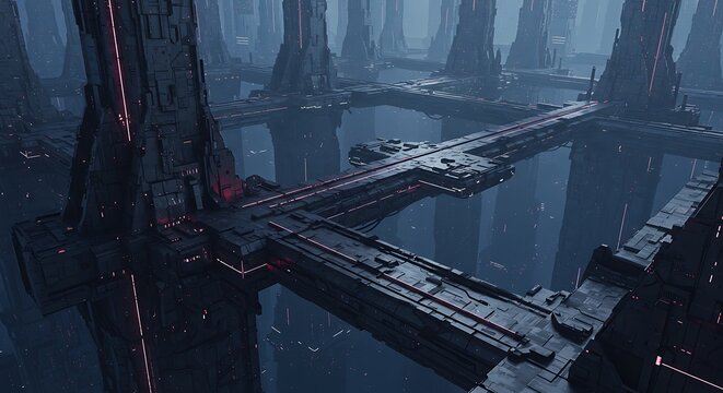 Eerie Futuristic Cityscape with Reflective Waterways and Towering Structures.