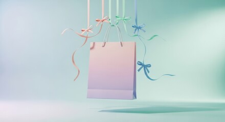 Pink paper shopping bag suspended by pastel ribbons and bows gift bag paper bag