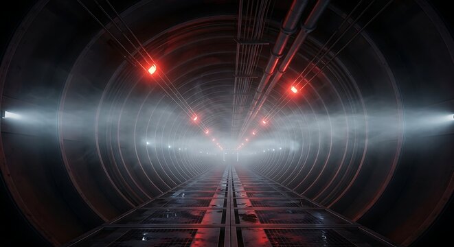 Eerie Tunnel Perspective - Symmetrical Rings, Glowing Lights, and Mysterious Fog.