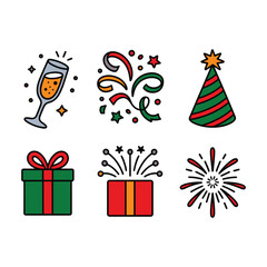 Celebration Party Clipart Set Festive Vector Icons with Champagne Gifts Fireworks and Confetti