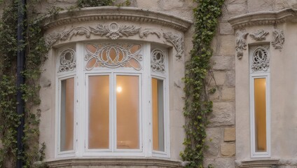 Ornate Windows of a Stone Building with Ivy.