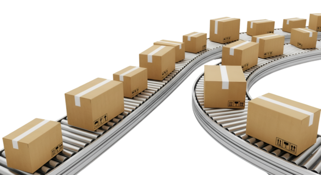 Cardboard Boxes on a Roller Conveyor Belt