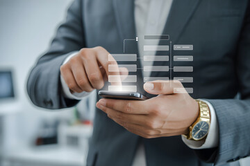 Professional businessman using modern mobile app for data management and innovative workflow solutions in a sleek office environment, improving efficiency