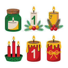 Christmas Candle Clipart Set Holiday Vector Illustrations with Jar Advent Ribbon and Pine Decorations