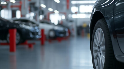 Car service garage. Cars in a repair shop. Auto maintenance concept. Vehicles under inspection, awaiting service in a clean, bright garage setting.