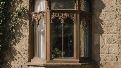 Ornate Bay Window on Stone Building with Gothic Details.