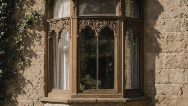 Ornate Bay Window on Stone Building with Gothic Details. - Powered by Adobe