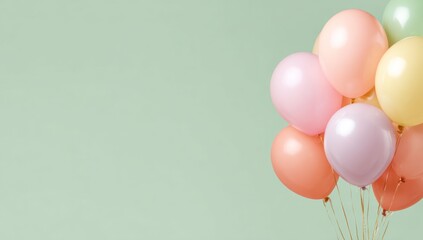 A cluster of pastel-colored balloons against a soft mint green background creates a cheerful and joyful visual.