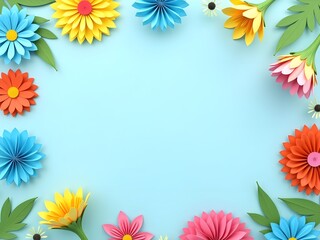 Obraz premium Colorful paper flower border on light blue background, cheerful floral frame for creative design