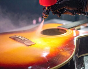 Guitar Restoration: A close-up shot reveals a craftsperson meticulously applying a fine mist of finish to an acoustic guitar, capturing the process of revitalization.
