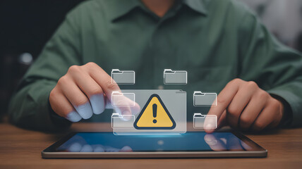 Alert! Sensitive data access via tablet, emphasizing cybersecurity risks and the importance of data protection for business and personal use