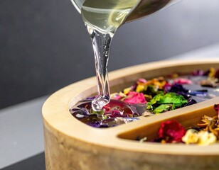 Floral Fusion: A close-up shot of clear liquid being delicately poured into a wooden bowl filled with a colorful assortment of petals, revealing an exquisite blend of nature and artistry.