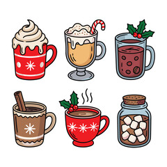 Christmas Hot Drink Clipart Set Festive Winter Beverage Vectors with Cocoa Marshmallows and Candy Cane