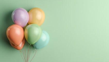 A cluster of pastel-colored balloons sits against a muted sage green background, creating a cheerful and inviting visual.