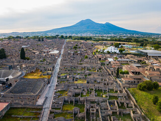 Pompeii, Italy - aerial view of the ruins of Pompeii with Mount Vesuvius in the background