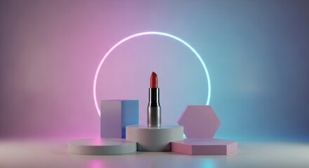 Red lipstick on a white pedestal surrounded by geometric shapes and neon circle makeup cosmetic