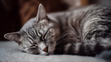 A grey tabby cat sleeps peacefully curled up on a soft surface indoors
