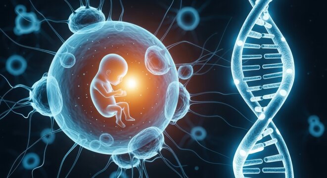 Science visualizing human fetal development and dna helix strand concept illustration