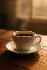 Fototapeta premium Steaming Cup of Coffee on Wooden Table in Morning Sunlight