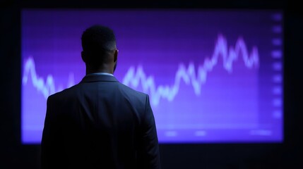 A businessman views a dynamic financial graph displayed on a large vibrant purple screen symbolizing market analysis and growth strategies