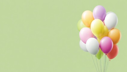A vibrant bunch of colorful balloons against a soft sage green background.