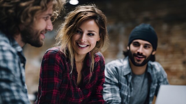 Three diverse colleagues in a rustic office setting engage in a lively discussion around a laptop fostering collabo n and positive communication