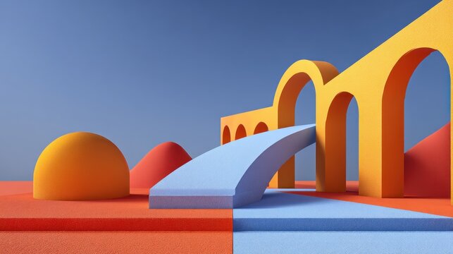 A vibrant, geometric abstract composition with orange and blue arches, a blue bridge, and a red sphere in a minimalist setting. - Powered by Adobe