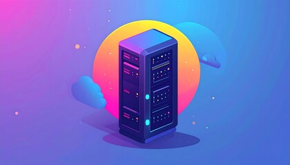 Isometric graphic of a data server with a gradient color palette and cloud accents
