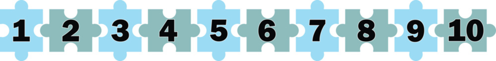 Number sequence 1 to 10 on connected puzzle pieces in blue and gray tones, educational numeric design for learning, counting, and math visuals in school, classroom, or digital teaching materials.