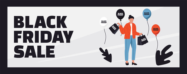 A woman with shopping bags, gift boxes and a basket walking back from a Black Friday sale, festive shopping illustration, big sale banner