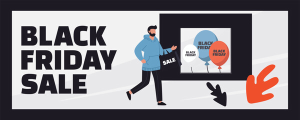 A man walking with shopping bags and gifts after a Black Friday sale in front of a store window, holiday shopping illustration banner