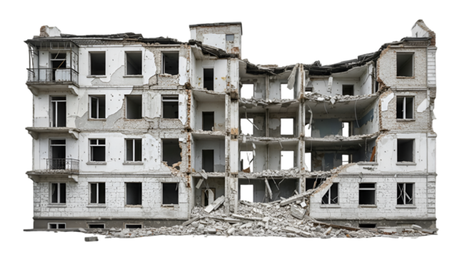 Ruined Apartment Building with Exposed Interior and Debris
