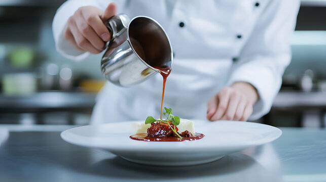 Chef finishing plate with sauce.  Expertly plating a gourmet meal, pouring the final touch of sauce. Artistry in cuisine; culinary perfection in presentation.
