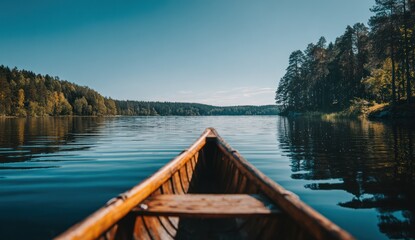 Tranquil lake scene viewed from a wooden canoe, showcasing a serene forest line and calm water.