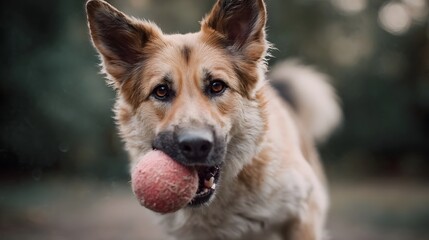 Close up portrait of a happy dog playing fetch with a ball outdoors