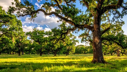 Fototapeta premium A vast green meadow basks in golden sunlight, shaded by a grove of mature trees with sprawling branches. A bright blue sky with fluffy clouds