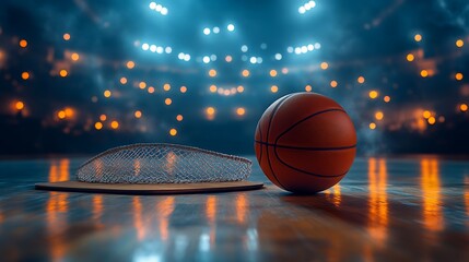 Obraz premium A basketball and net on a reflective court under stadium lights creating a dramatic sports scene view
