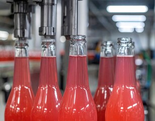 Bottling the Essence: A close-up shot of an automated bottling line fills clear glass bottles with a vibrant, ruby-red liquid. Industrial machinery is involved in producing the product 