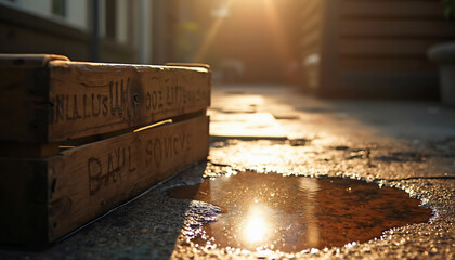 Wooden Crates by Puddle in Sunlight