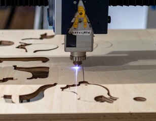 Laser Cutter Precision: A close-up view captures a laser cutter meticulously carving intricate designs into a wooden surface. the focused energy beam transforms raw materials into precision products.