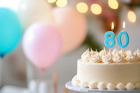 Celebratory 80th birthday with a delicious cream cake, lit candles shaped as '80', and colorful balloons, perfect for a milestone event.