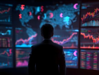 A 3D abstract concept of a financial investor analyzing global market trends and currency data displayed on multiple digital screens