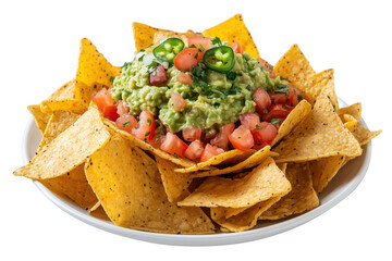 Tortilla chips with guacamole and salsa isolated on a transparent background