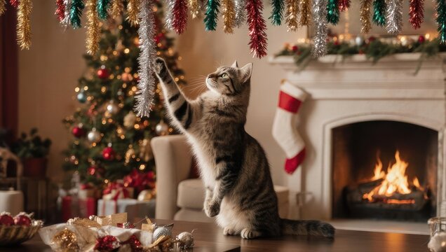 Playful Tabby Cat Reaching for Toy Near Christmas Tree and Fireplace.