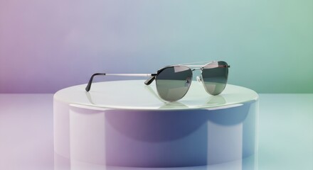Silver aviator sunglasses with dark lenses on a white pedestal against a gradient background metal